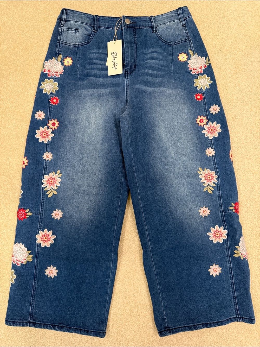 Embroidered Wide-Leg Dark Blue Jeans - Floral Side Detail